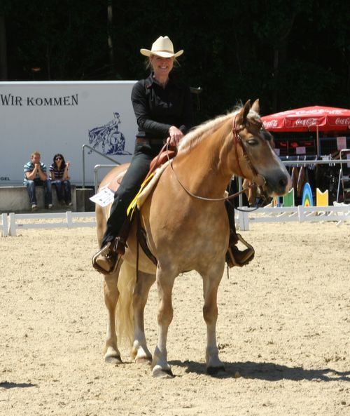 Ich freue mich riesig über unseren Erfolg und sitze strahlend lächelnd auf meinem Haflinger